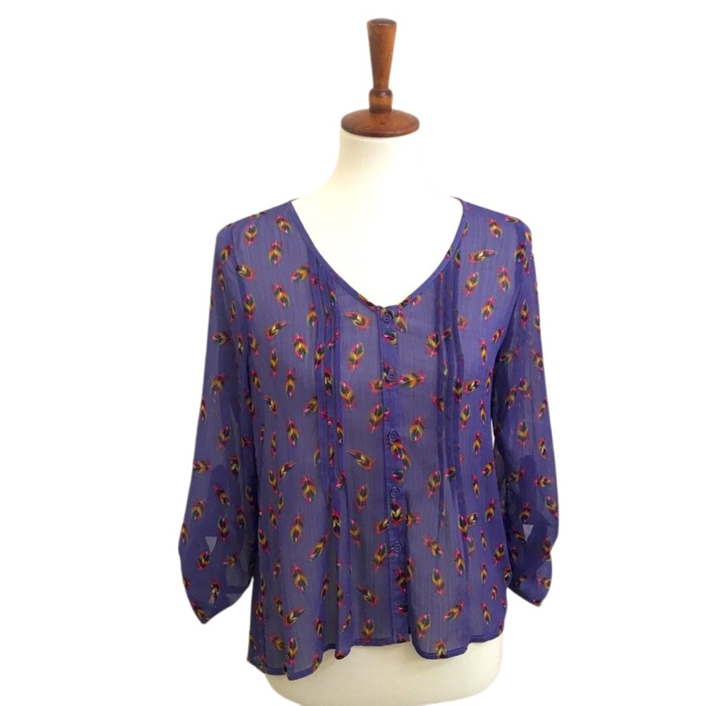 Mossimo Supply Co Feather Purple Semi Sheer Pleated Button Down Blouse, Size M